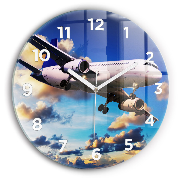 Round glass wall clock Airplane in the clouds