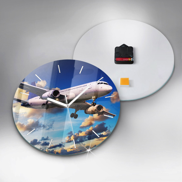 Round glass wall clock Airplane in the clouds