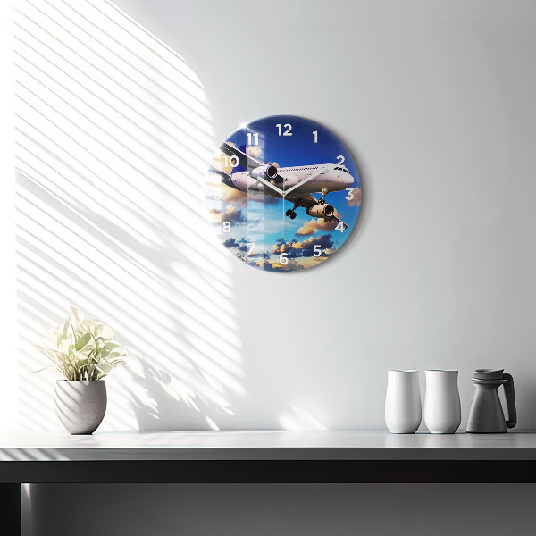 Round glass wall clock Airplane in the clouds