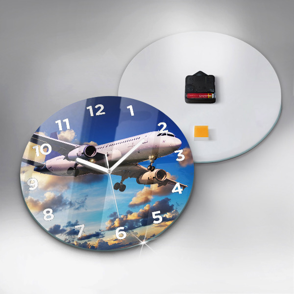Round glass wall clock Airplane in the clouds