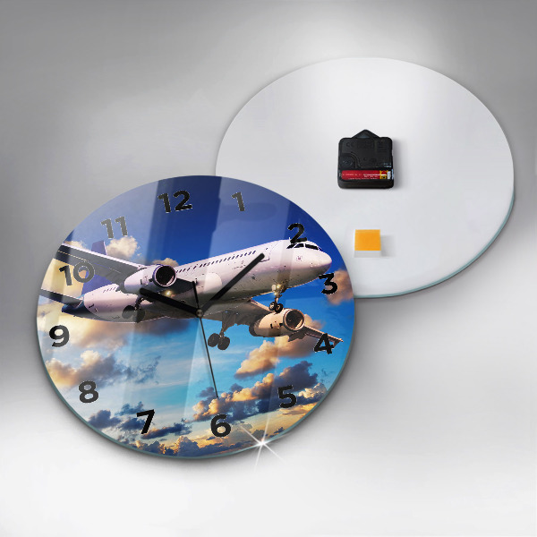 Round glass wall clock Airplane in the clouds