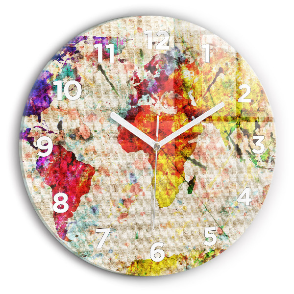 Round glass wall clock Colored world map