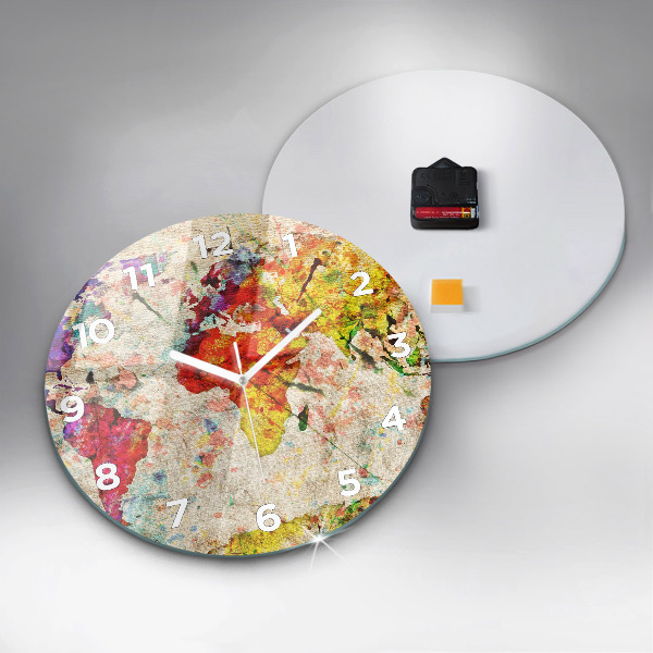Round glass wall clock Colored world map