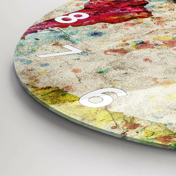 Round glass wall clock Colored world map