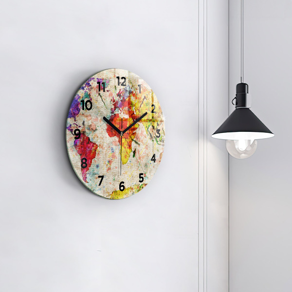 Round glass wall clock Colored world map