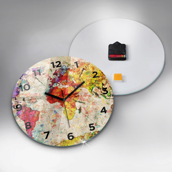 Round glass wall clock Colored world map