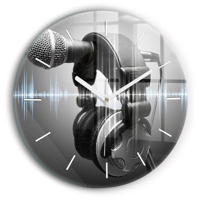 Round glass wall clock Microphone and Headphones