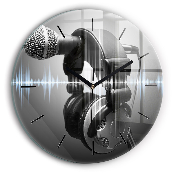Round glass wall clock Microphone and Headphones