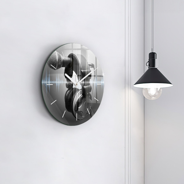 Round glass wall clock Microphone and Headphones