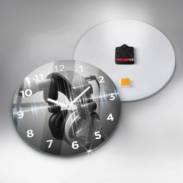 Round glass wall clock Microphone and Headphones
