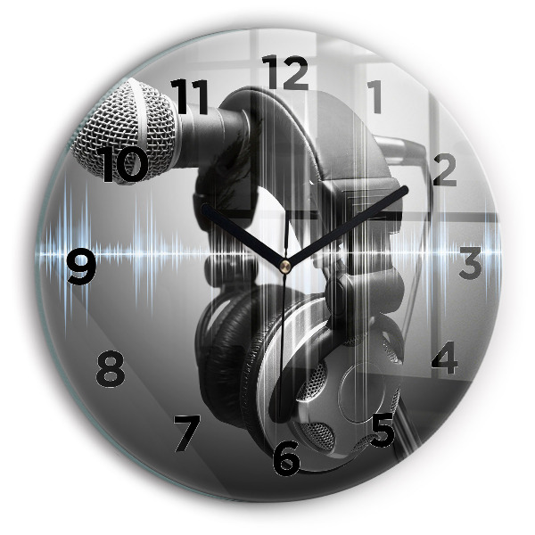 Round glass wall clock Microphone and Headphones