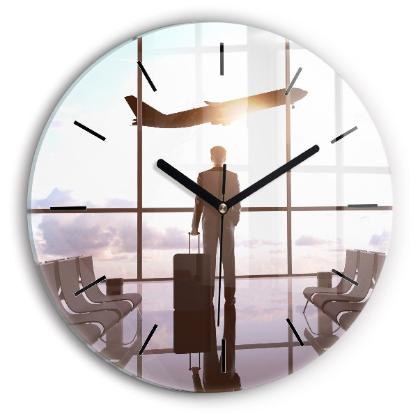 Round glass wall clock Man at the airport