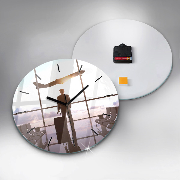 Round glass wall clock Man at the airport