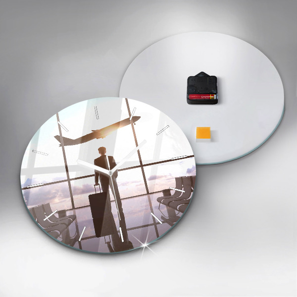 Round glass wall clock Man at the airport