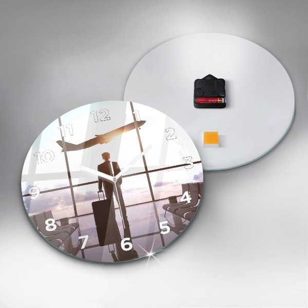 Round glass wall clock Man at the airport