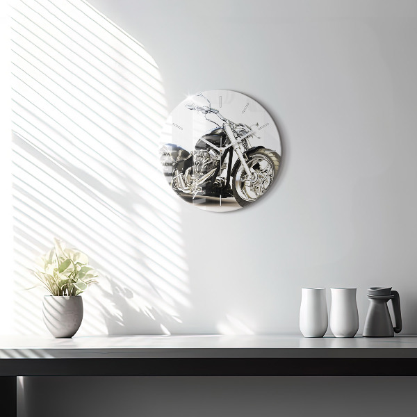 Round glass wall clock Black motorcycle