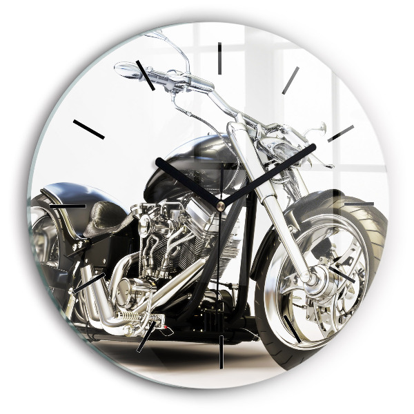 Round glass wall clock Black motorcycle