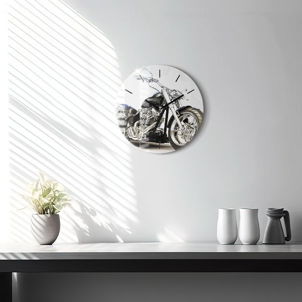 Round glass wall clock Black motorcycle