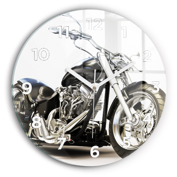 Round glass wall clock Black motorcycle