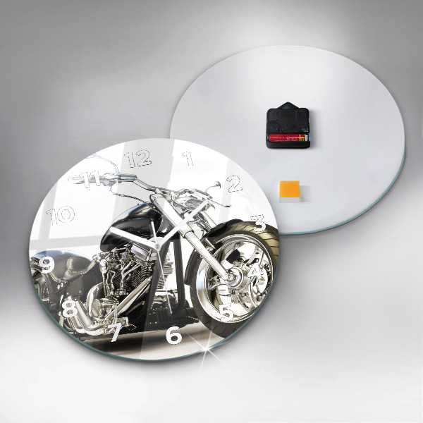 Round glass wall clock Black motorcycle