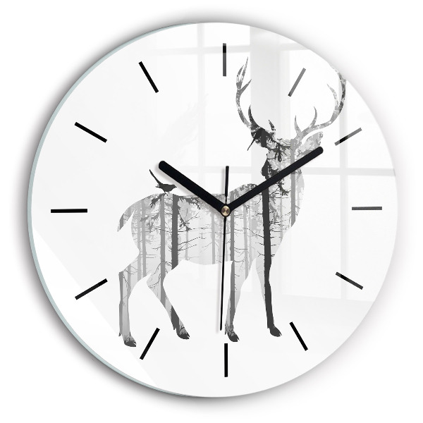 Round glass wall clock Silhouette of a deer Forest