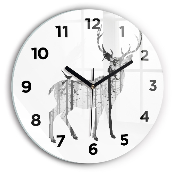 Round glass wall clock Silhouette of a deer Forest