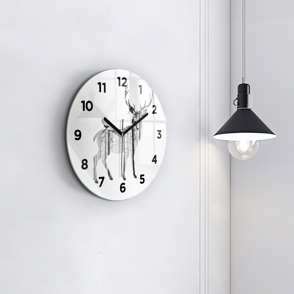 Round glass wall clock Silhouette of a deer Forest