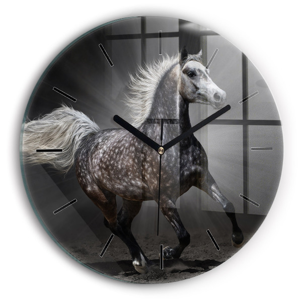 Round glass wall clock Galloping horse