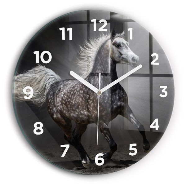 Round glass wall clock Galloping horse