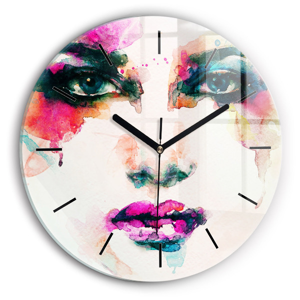 Round glass wall clock Abstract woman face