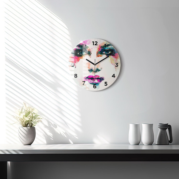 Round glass wall clock Abstract woman face