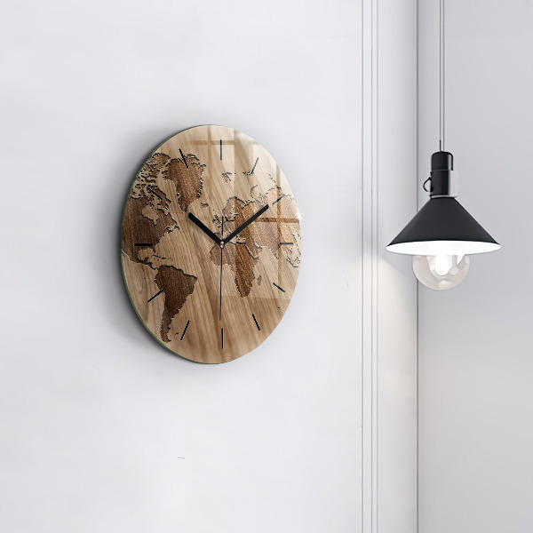Round glass wall clock World map on wood
