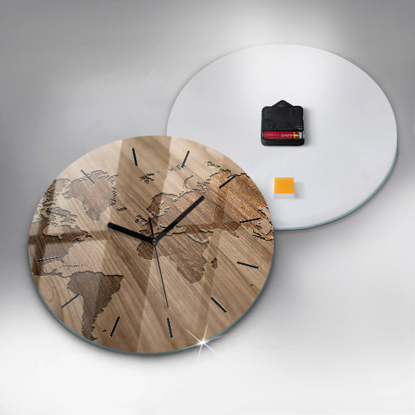 Round glass wall clock World map on wood