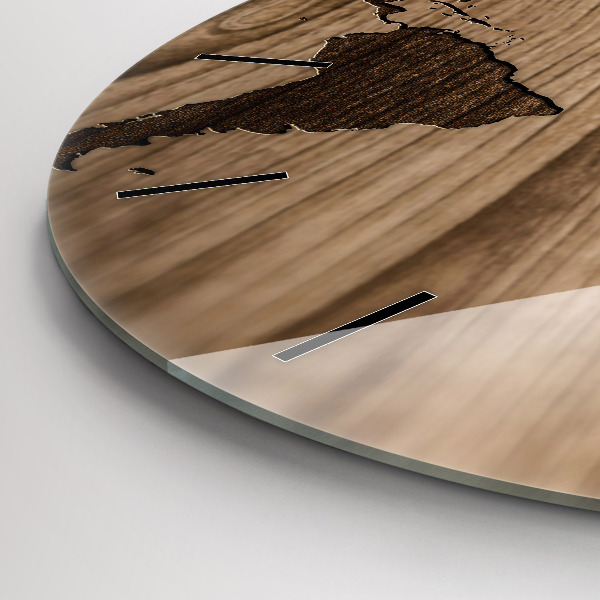 Round glass wall clock World map on wood