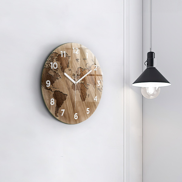 Round glass wall clock World map on wood