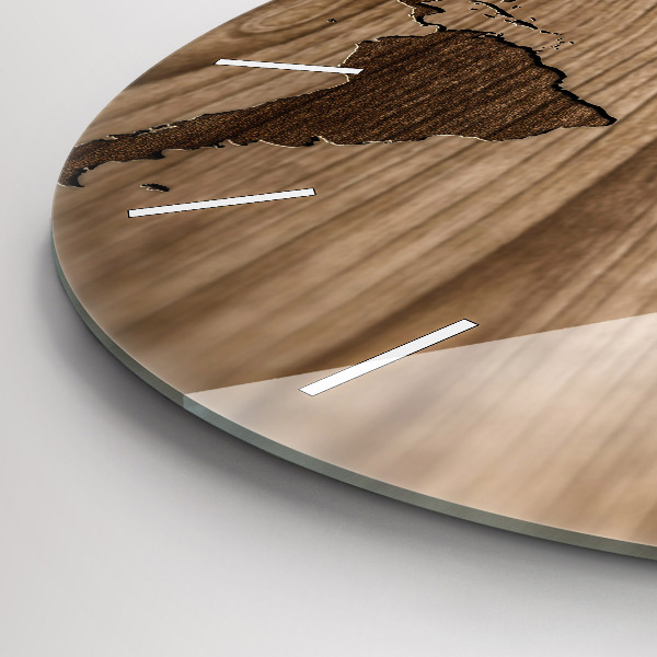 Round glass wall clock World map on wood