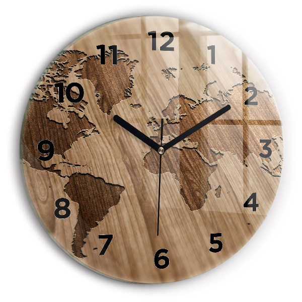 Round glass wall clock World map on wood