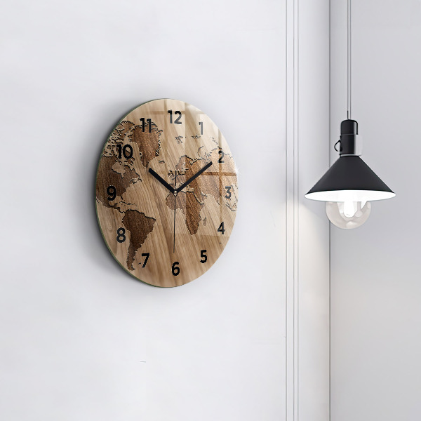 Round glass wall clock World map on wood