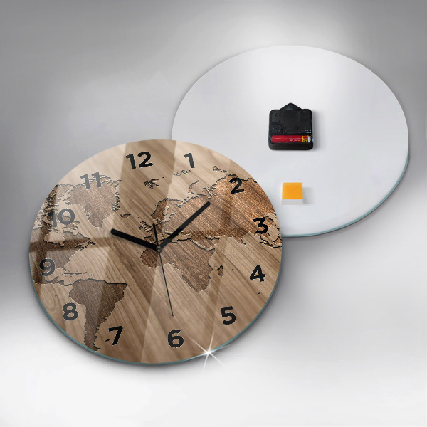 Round glass wall clock World map on wood