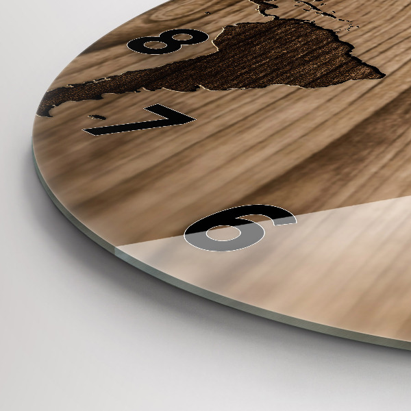 Round glass wall clock World map on wood