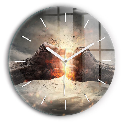 Round glass wall clock Fists Strength Power