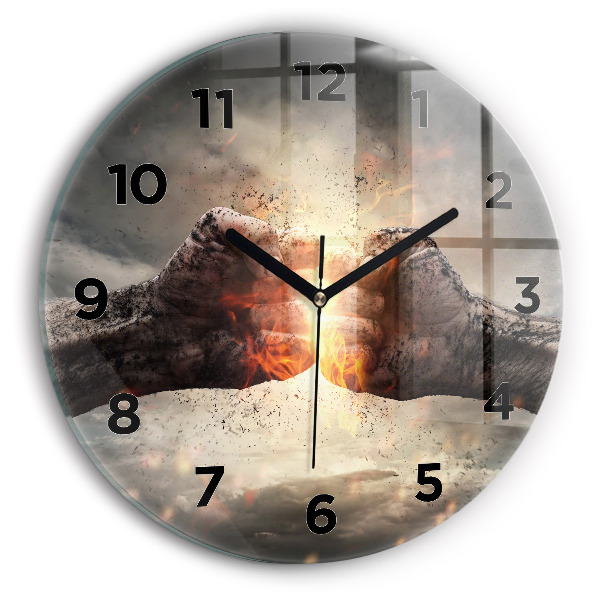 Round glass wall clock Fists Strength Power