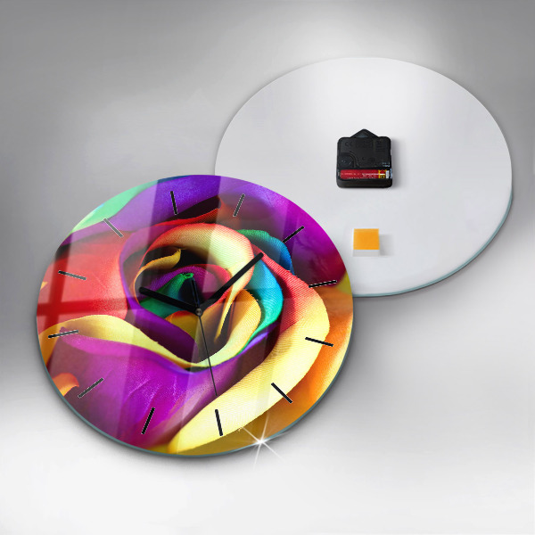 Round glass wall clock Rainbow Rose