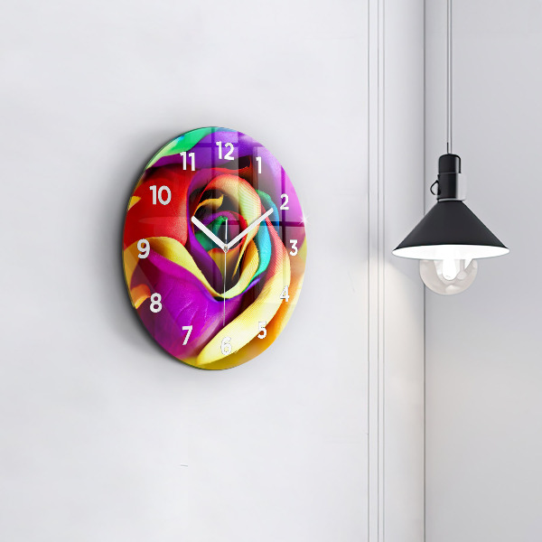 Round glass wall clock Rainbow Rose