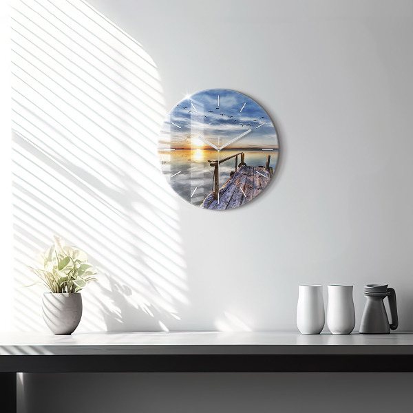 Round glass wall clock Lake Sunset