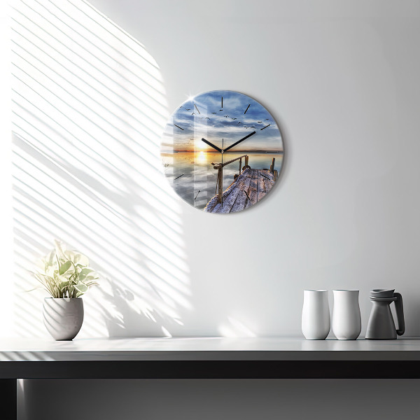 Round glass wall clock Lake Sunset