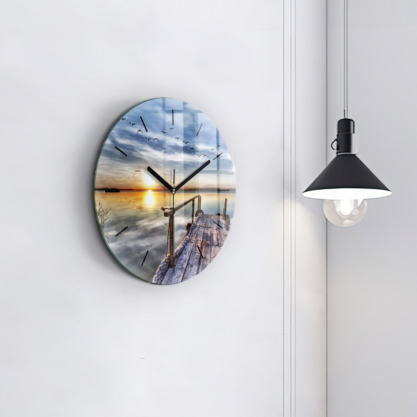 Round glass wall clock Lake Sunset