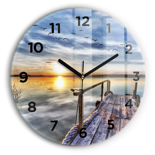Round glass wall clock Lake Sunset