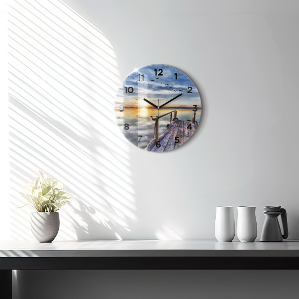 Round glass wall clock Lake Sunset