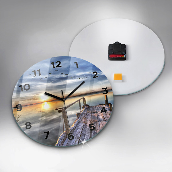 Round glass wall clock Lake Sunset